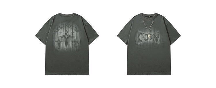 2023復古半袖Tシャツゴシック梵母落書き純綿夏トレンドカップル/2023レトロマイクロフレアパンツレディースデザインハイウエストスリムパンツ番号ZT398