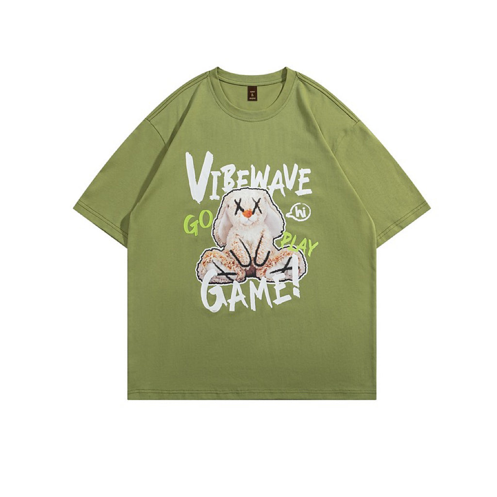 夏おもしろぬいぐるみプリントカップルカジュアル半袖Tシャツ/ホワイトハイウエストストレートゆったりコーディネート自在ジーンズ番号ZT8