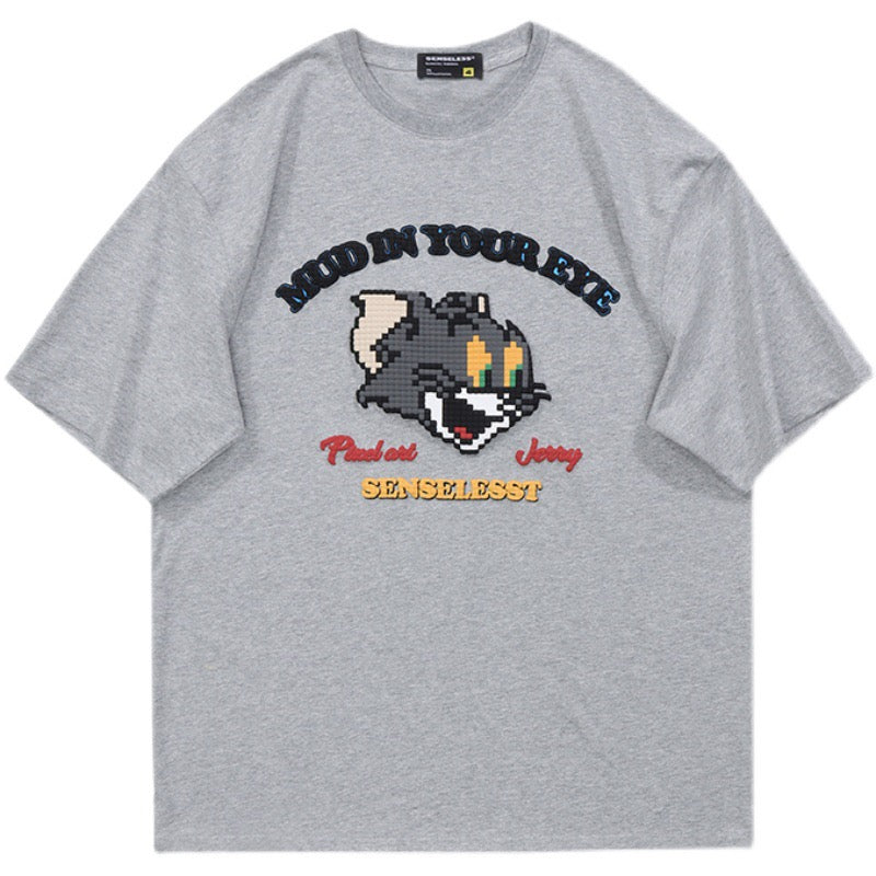 アメリカンビンテージ風漫画Tシャツ半袖ゆったりペアルック/レトロモダンコーディネート自在デザインハイウエストデニムスカート番号ZT12
