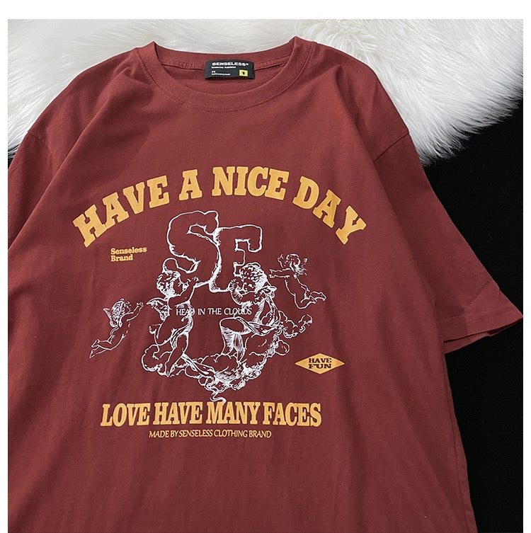 アメリカンヴィンテージグラフィティプリントラウンドネックゆったりカジュアル半袖Tシャツ/ 2023新作文芸風ジーンズ女性ミディアムロングスカート番号ZT14