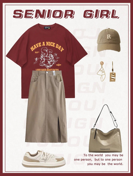 アメリカンヴィンテージグラフィティプリントラウンドネックゆったりカジュアル半袖Tシャツ/ 2023新作文芸風ジーンズ女性ミディアムロングスカート番号ZT14