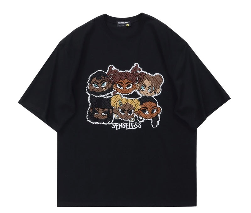 アメリカのビンテージファッション漫画ブラック半袖Tシャツペアトップス/2023新作着痩せミディアムロングスカート番号ZT13