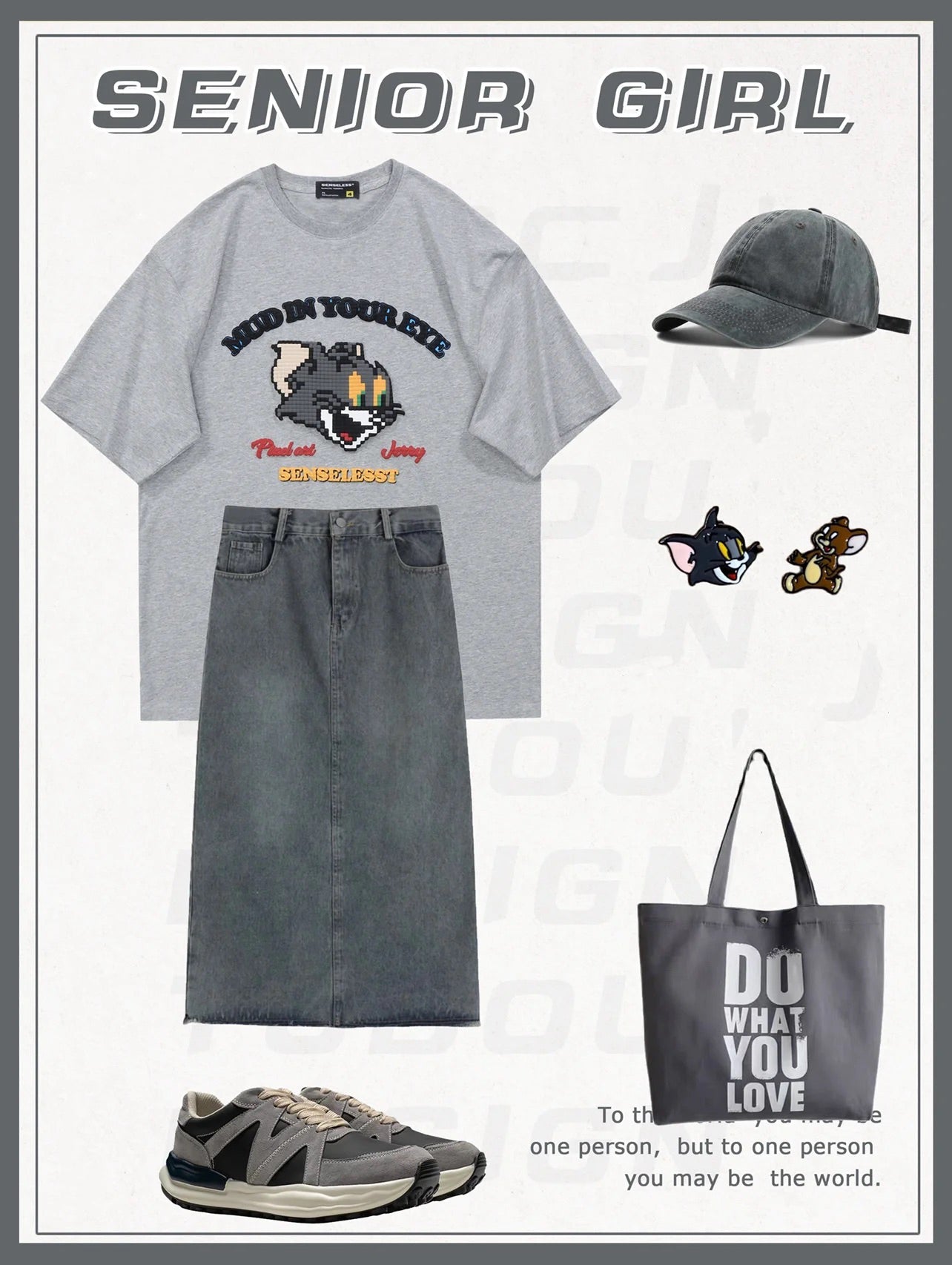 アメリカンビンテージ風漫画Tシャツ半袖ゆったりペアルック/レトロモダンコーディネート自在デザインハイウエストデニムスカート番号ZT12