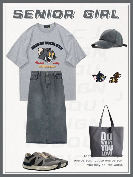 アメリカンビンテージ風漫画Tシャツ半袖ゆったりペアルック/レトロモダンコーディネート自在デザインハイウエストデニムスカート番号ZT12
