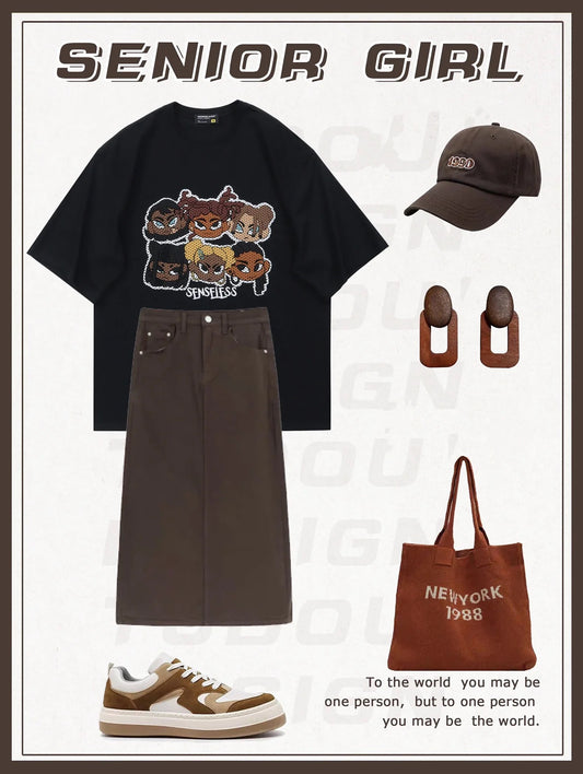 アメリカのビンテージファッション漫画ブラック半袖Tシャツペアトップス/2023新作着痩せミディアムロングスカート番号ZT13