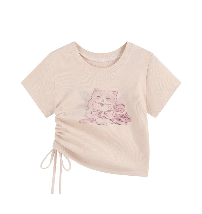 甘辛風ショートタイプトップス女韓系半袖スリム正肩ひもchic純欲猫Tシャツ穴あきデニムショートパンツ女性春新作セクシーギャルゆったり痩せワイド脚A字ホットパンツ番号ZT17