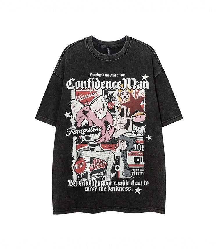 漫画アニメレトロ懐かしいウォッシュプリント半袖Tシャツカップルカジュアルゆったりins半袖シャツ/肩甲半袖Tシャツ女性夏デザイン若いオシャレ年齢を減らすギャルショートタイプ香港風上着番号ZT435