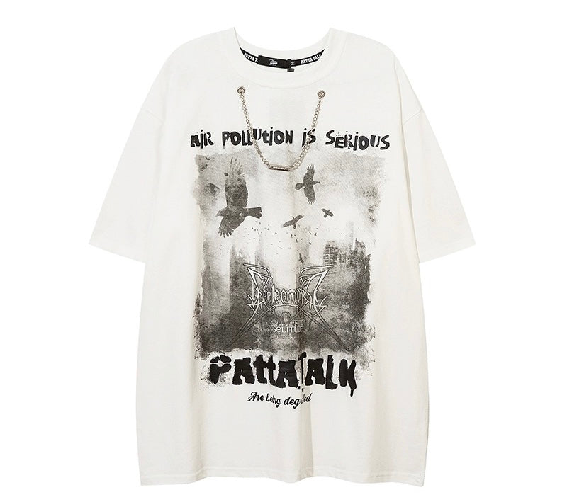 夏アメリカ風ストリートブラックカラスプリント半袖Tシャツbfゆったりoversize個性的な上着/ブラックスタージーンズレディーアメリカンヴィンテージミニパンツハイウエスト着痩せストレートゆったり薄手ワイドパンツ番号ZT462